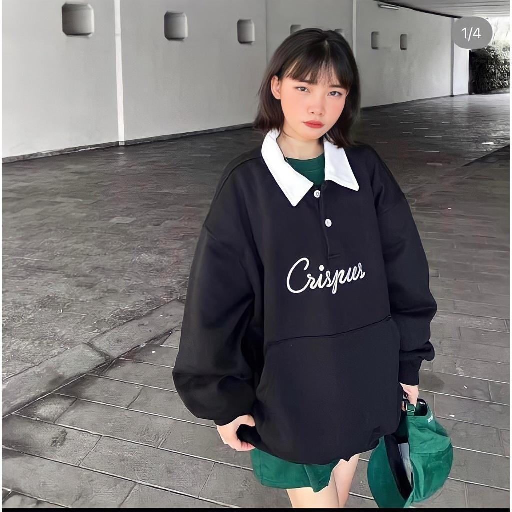 Áo Sweater Cổ Polo Nỉ In Chữ Cris Nữ Túi Trước Nam Nữ Dáng Thụng Màu Đen Basic