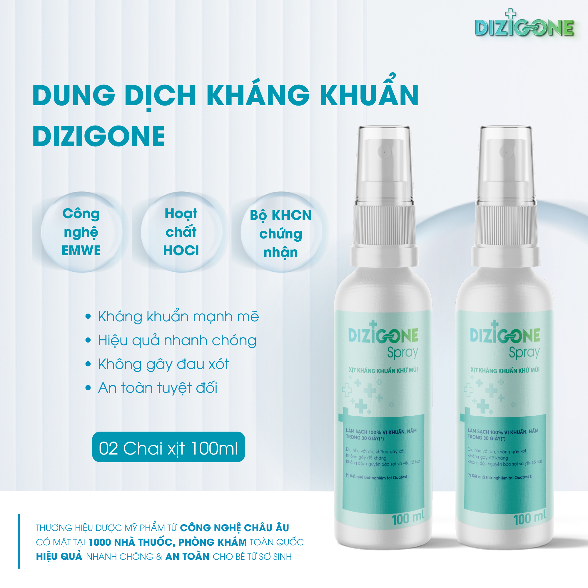 Xịt kháng khuẩn DIZIGONE chăm sóc tổn thương lành nhanh, không đau xót, tái tạo da, ngăn ngừa sẹo