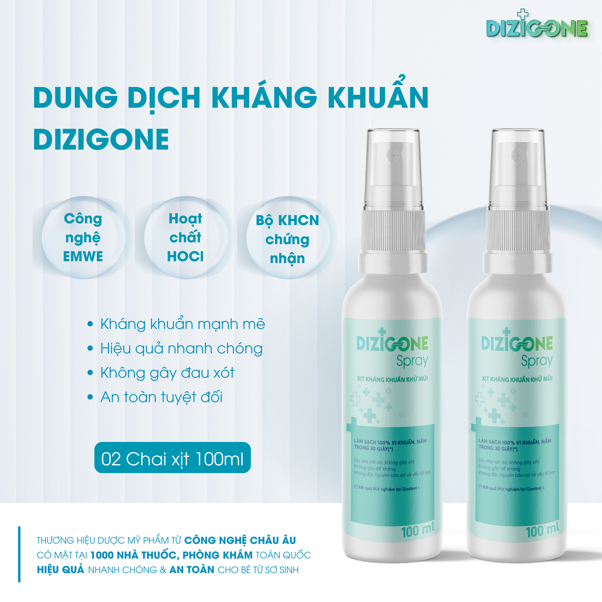 [Bộ đôi] Xịt kháng khuẩn DIZIGONE chăm sóc tổn thương lành nhanh, không đau xót, tái tạo da, ngăn ngừa sẹo (2 chai x 100ml)