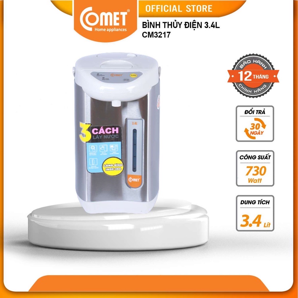 Bình thủy điện thép không gỉ Comet CM3217 3.4 Lít (Bạc) - Hàng Chính Hãng