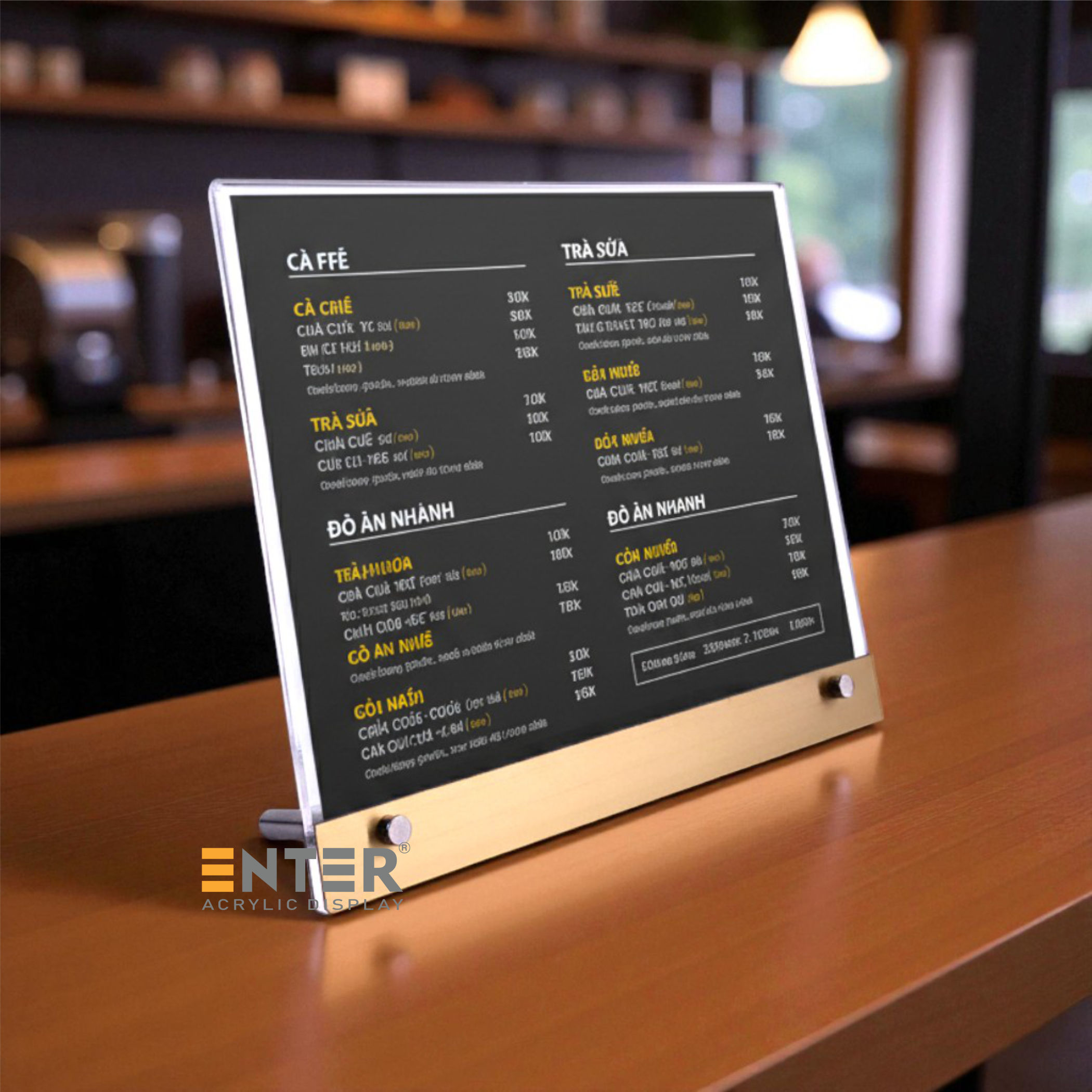 Kệ mica 1 mặt Enter E47-N 300x210mm liên kết bulon A4 ngang, Kệ menu nhà hàng, Standee mica để bàn, Bảng quét mã QR Code