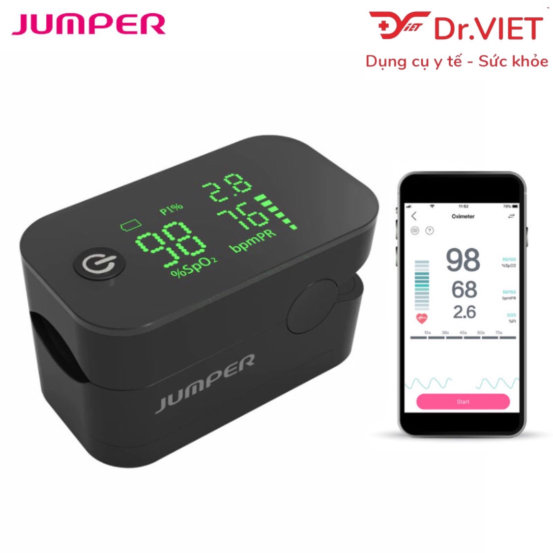 Máy đo nồng độ oxy máu và nhịp tim Jumper JPD-500G (Bluetooth) Chính hãng-Đo nồng độ oxy mà không cần xâm lấn,dễ dàng phù hợp với mọi đối tượng, tiết kiệm điện, sử dụng lâu dài.