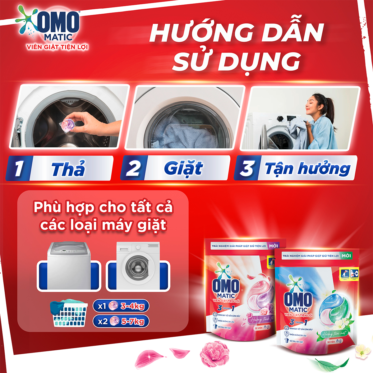 Combo 3 túi viên giặt tiện lợi OMO 3 trong 1 Hương tươi mát (30 viên/túi)