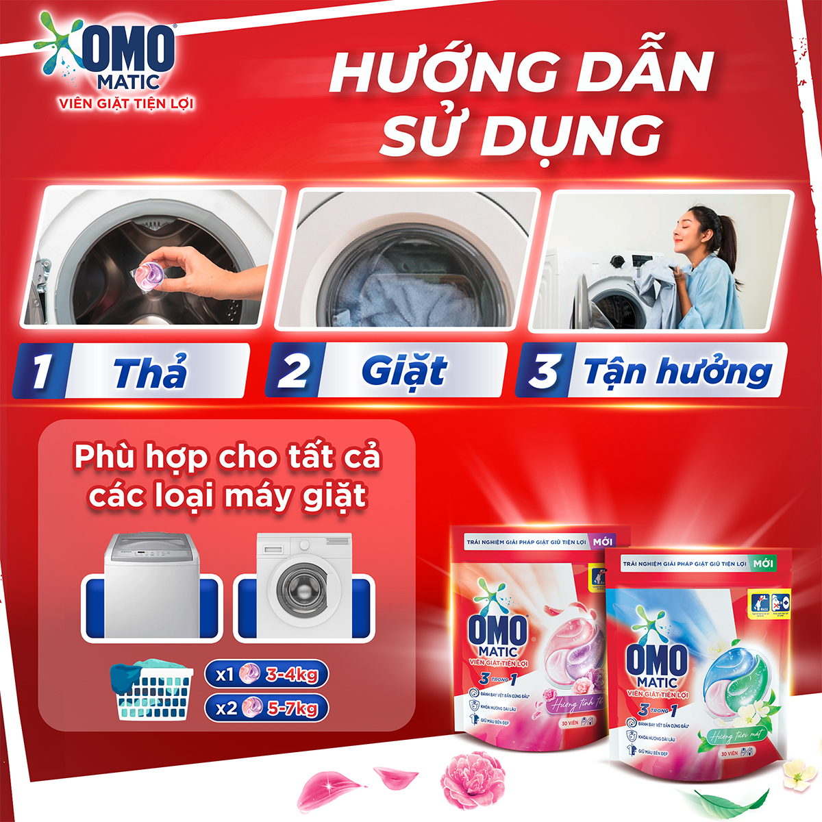 Combo 3 túi viên giặt tiện lợi OMO 3 trong 1 Hương tinh tế (30 viên/túi)