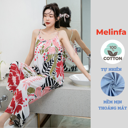 Bộ đồ nữ mặc nhà hai dây, quần dài chất vải lanh cotton thoáng mát nhiều màu mã BD0123