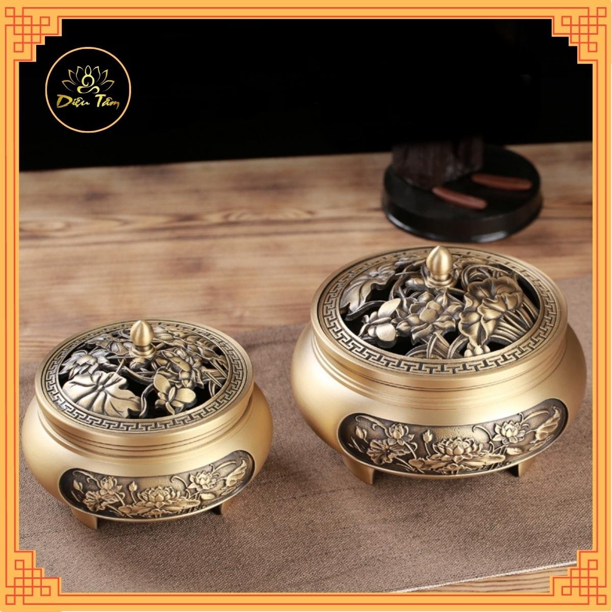 Lư đồng xông trầm - lư đốt trầm thay cho thác khói trầm hương, đồ thờ cúng shop Diệu Tâm mẫu Lư 3 chân khắc sen