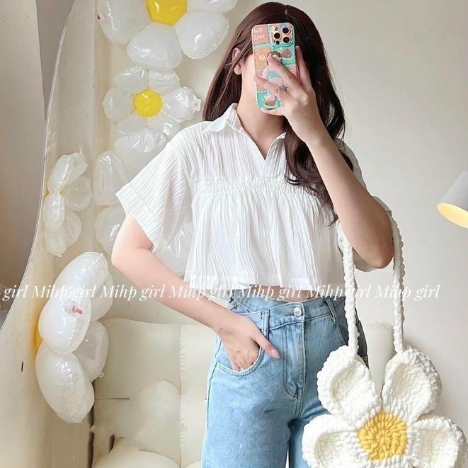 Áo sơ mi croptop nữ chất đũi có lót trong màu pastel dễ phối đồ - AO062