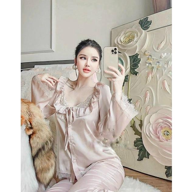 BỘ PYJAMA LỤA DÀI TAY DÀI HOA QC CAO CẤP