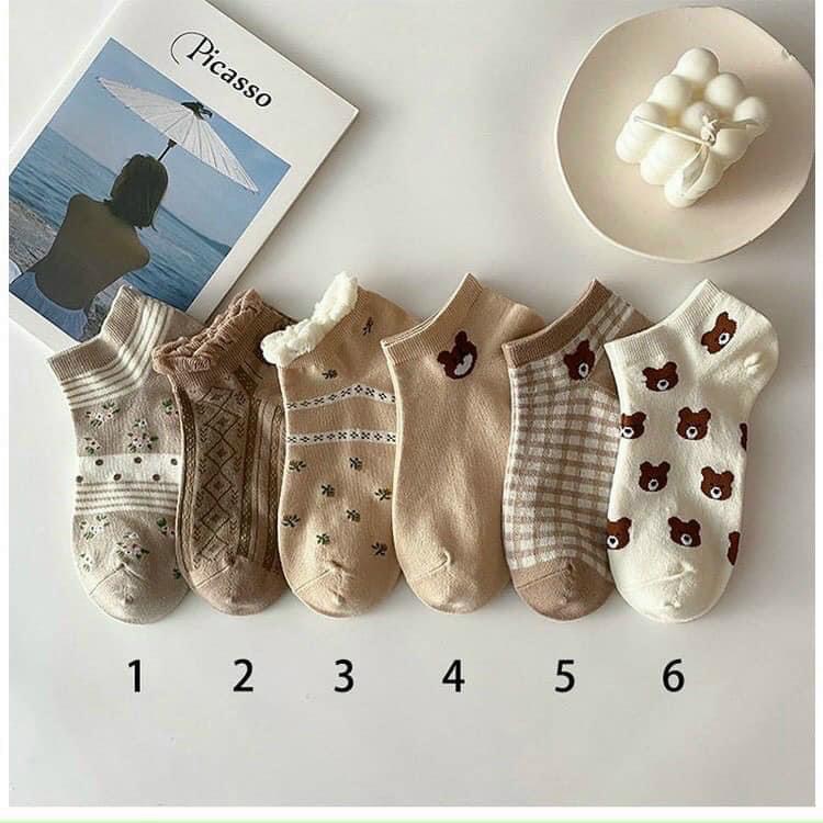 LỐ 10 ĐÔI TẤT GẤU NÂU CỔ NGẮN PHỐI MÀU CỔ NGẮN SIÊU XINH CHO NŨ
