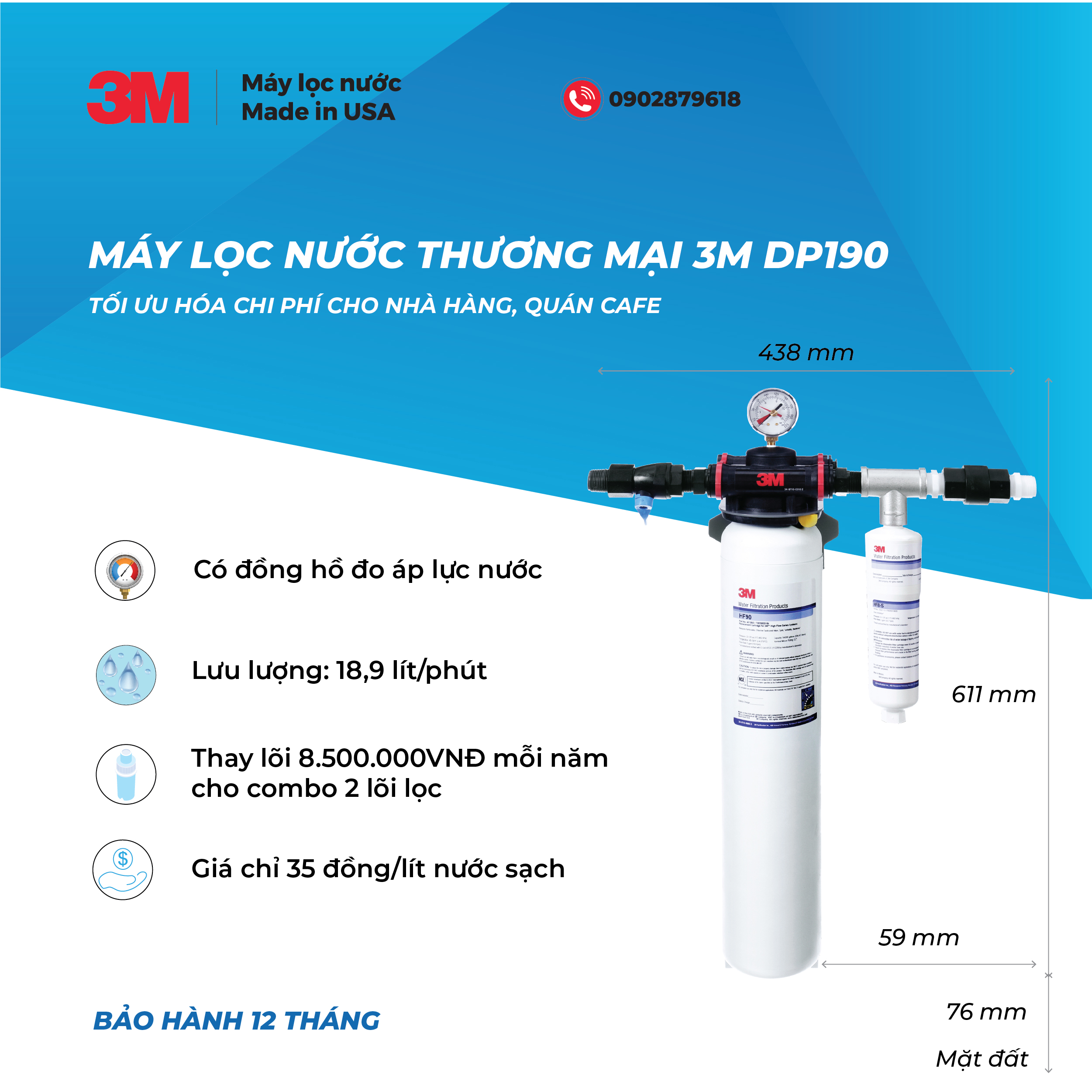 MÁY LỌC NƯỚC CÔNG SUẤT LỚN 3M DP190 DÙNG TRONG THƯƠNG MẠI NHÀ HÀNG, KHÁCH SẠN, CÀ PHÊ