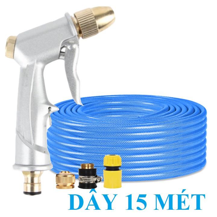 Bộ dây vòi xịt nước rửa xe, tưới cây . tăng áp 3 lần, loại 15m 206701-1 đầu đồng,cút,nối đồng+ tặng đai