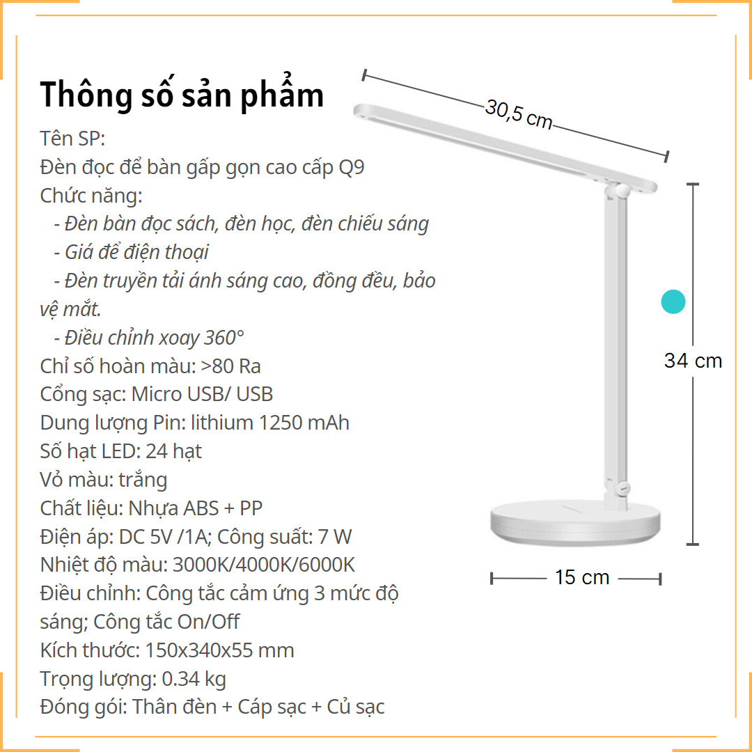 Đèn học để bàn Sạc pin Gấp gọn 3 nhiệt độ màu Cao cấp