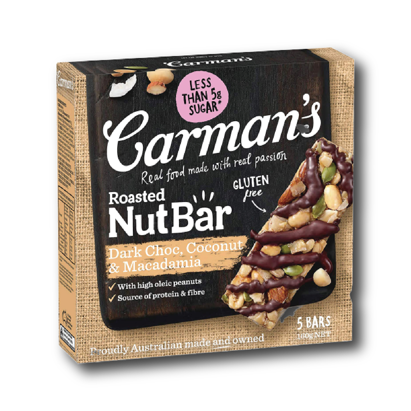 Thanh Hạt Carman's Nut Bar Dark Choc, Coconut, Macadamia - Chocolate đen, Dừa, Hạt Maca - 160g