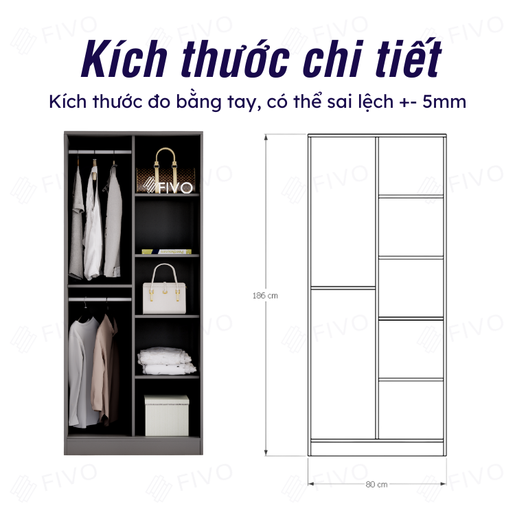 Tủ Áo Quần Cửa Trượt Màu Xám Sang Trọng FIVO FC31, Gỗ Chống Ẩm Cao Cấp Dày Dặn, Sức Chứa Bên Trong Lớn