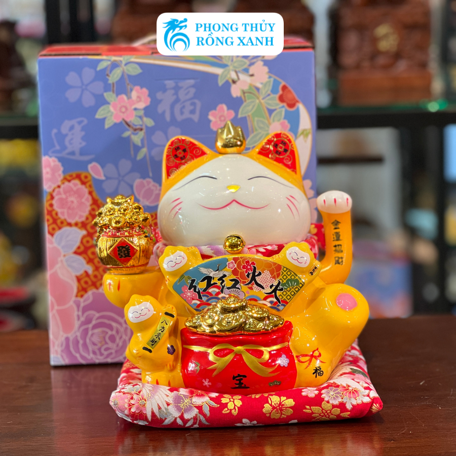 Mèo Thần Tài-Mèo May Mắn Chiêu Tài Đón Khách-Mèo Đại Phú Đại Quý Màu Vàng 8 inch-Gốm Sứ Cao Cấp