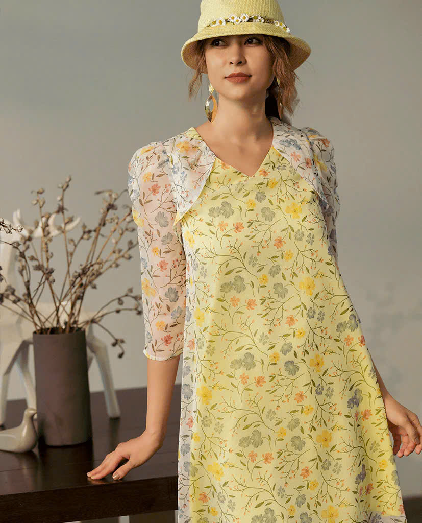 Đầm Suông Chifon Hoa Vàng Soleil thời trang thiết kế Hity Dre170