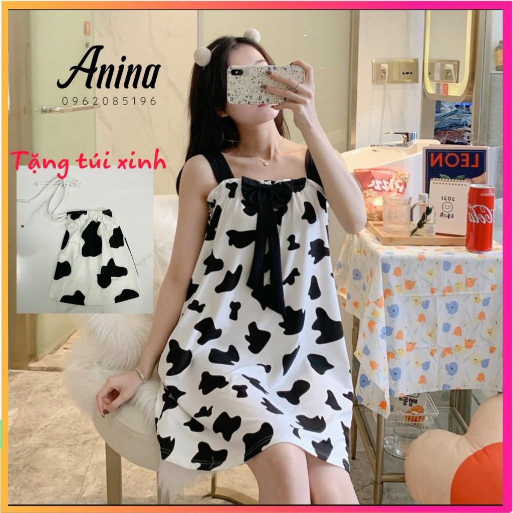 Váy Ngủ 2 dây Bò Sữa chất cotton mềm mát - Đầm mặc nhà kute dễ thương V291