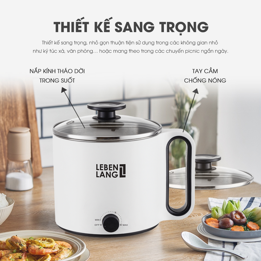 Nồi lẩu điện mini đa năng chống dính Lebenlang LBEC0808 1500ml, bảo hành 2 năm - hàng chính hãng