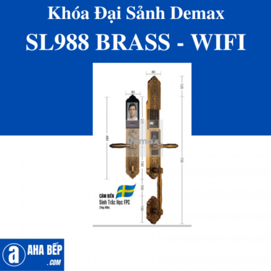 Khóa Đại Sảnh Biệt Thự Demax SL988 GB BRASS - APP WIFI. Hàng Chính Hãng