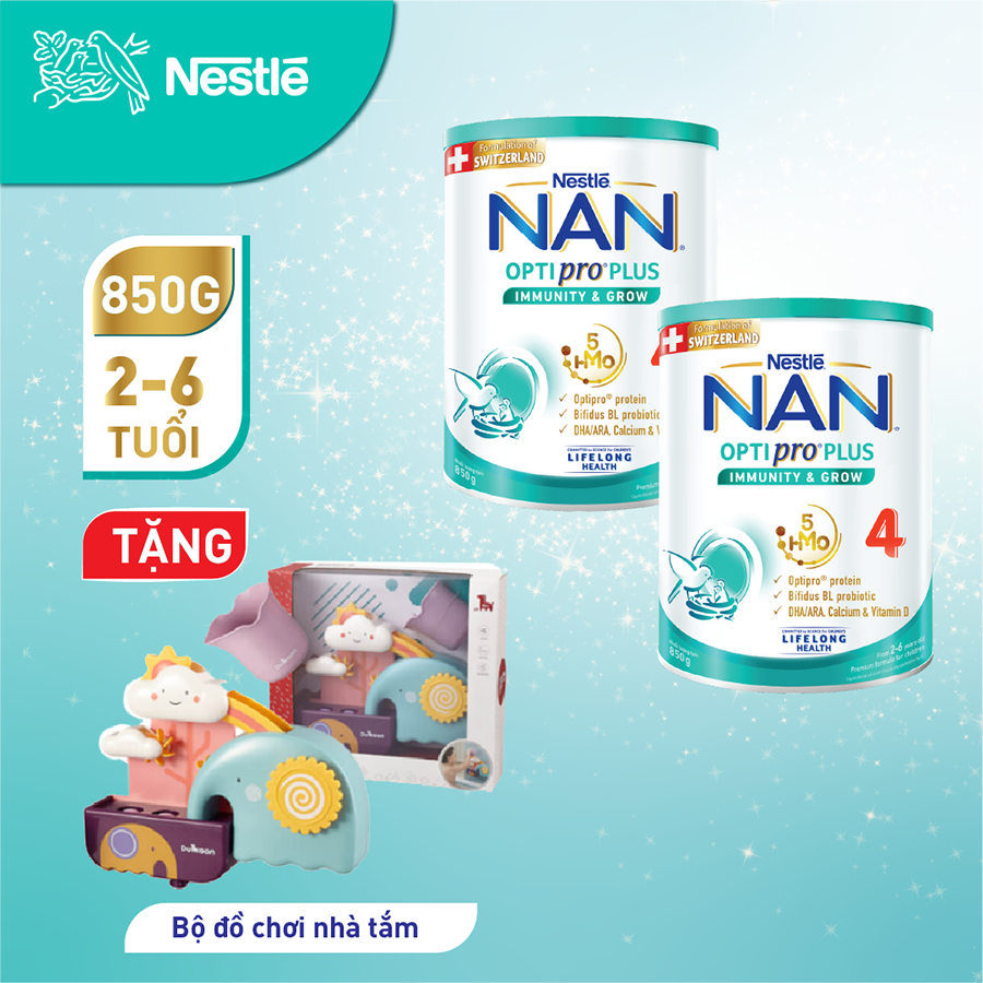 Combo 2 lon Sản Phẩm Dinh Dưỡng Nestlé NAN OPTIPRO PLUS 4 850g/lon với 5HMO Hỗ trợ Đề Kháng - Tiêu Hóa - Trí Não &amp; Chiều Cao - Tặng 1 bộ Đồ Chơi Nhà Tắm