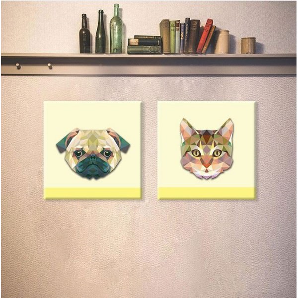Bộ 2 Tranh Ép Gỗ MDF Treo Tường Động Vật "Cat And Dog" W109