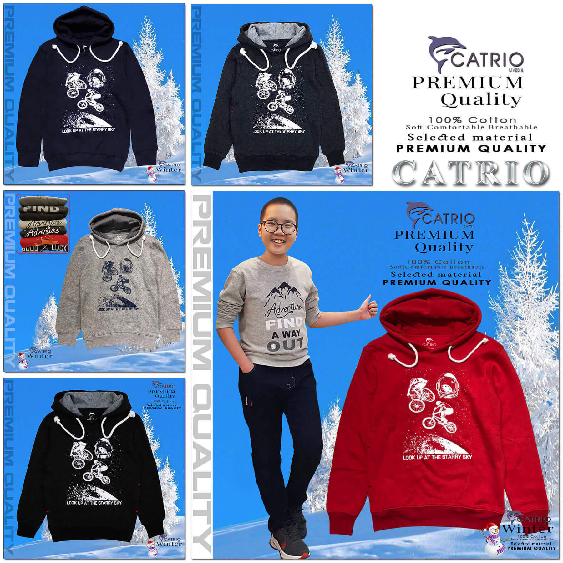 ÁO HOODIES TRẺ EM CATRIO in XE ĐẠP BAY là áo thun dài tay có mũ có túi thời trang, vải 100% cotton dày, ấm mùa thu đông phù hợp với trẻ em bé trai, bé gái 9 tuổi 32kg-34kg kết hợp quần dài cotton CATRIO thành bộ đồ đẹp MÀU ĐEN