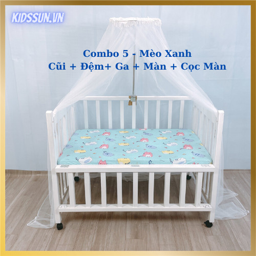 Giường Cũi KidsSun - Nôi Cũi Cho Bé Từ Sơ Sinh Đến 3-4 Tuổi - Chất Liệu Gỗ Quế Màu Trắng - Combo 5 Sản Phẩm