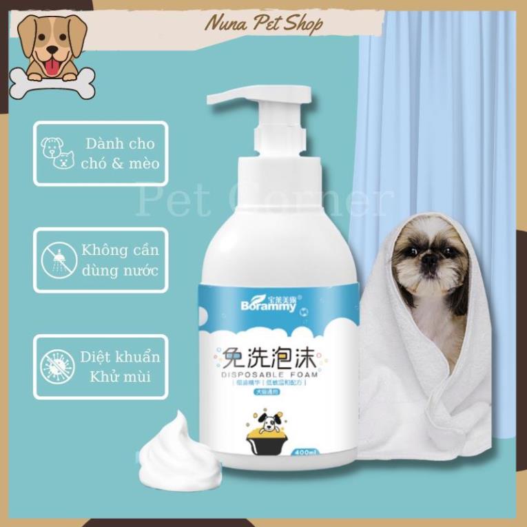 Sữa tắm khô cho chó mèo Borammy dạng bọt giúp khử mùi, diệt khuẩn và dưỡng lông (400ml)