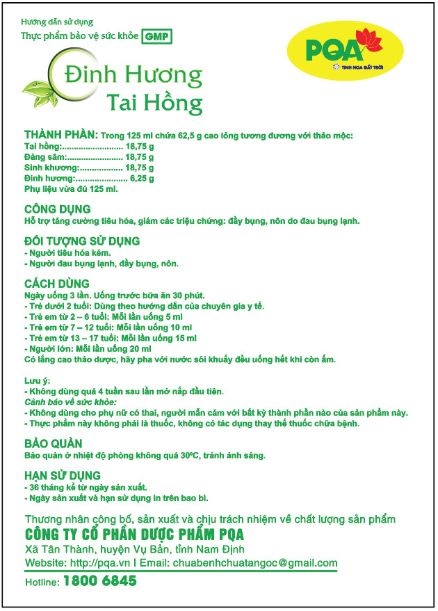 Đinh Hương Tai Hồng PQA Giúp Ấm Dạ, Giáng Khí Dùng Cho Trẻ Nhỏ Và Người Già Nôn Trớ, Nấc, Nghẹn, Buồn Nôn Chai 125ml
