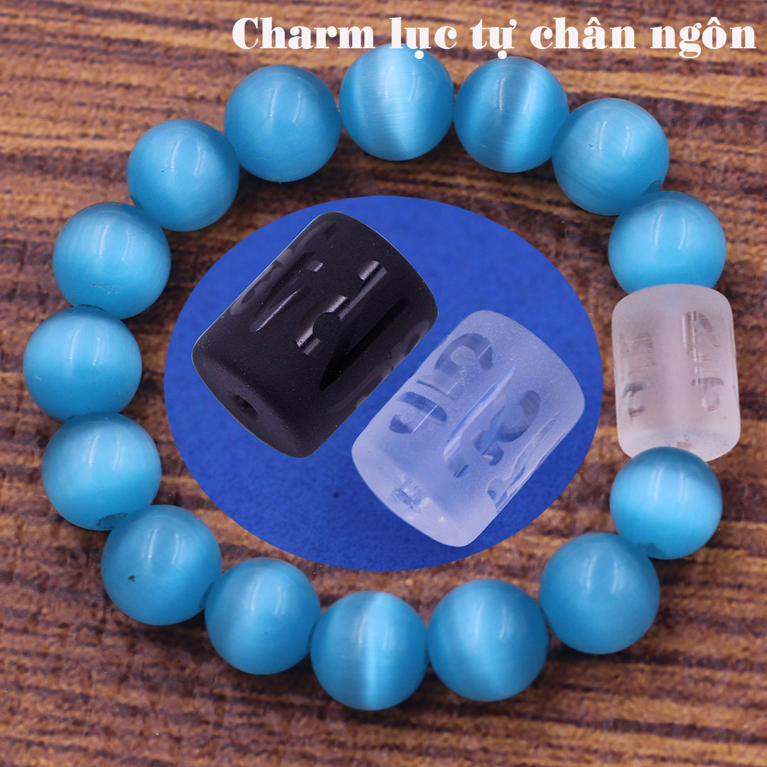 Vòng chuỗi đeo tay đá mắt mèo  charm lục tự Đại minh chân ngôn, 10ly, Om Mani Padme Hūm, Chân ngôn Lục tự