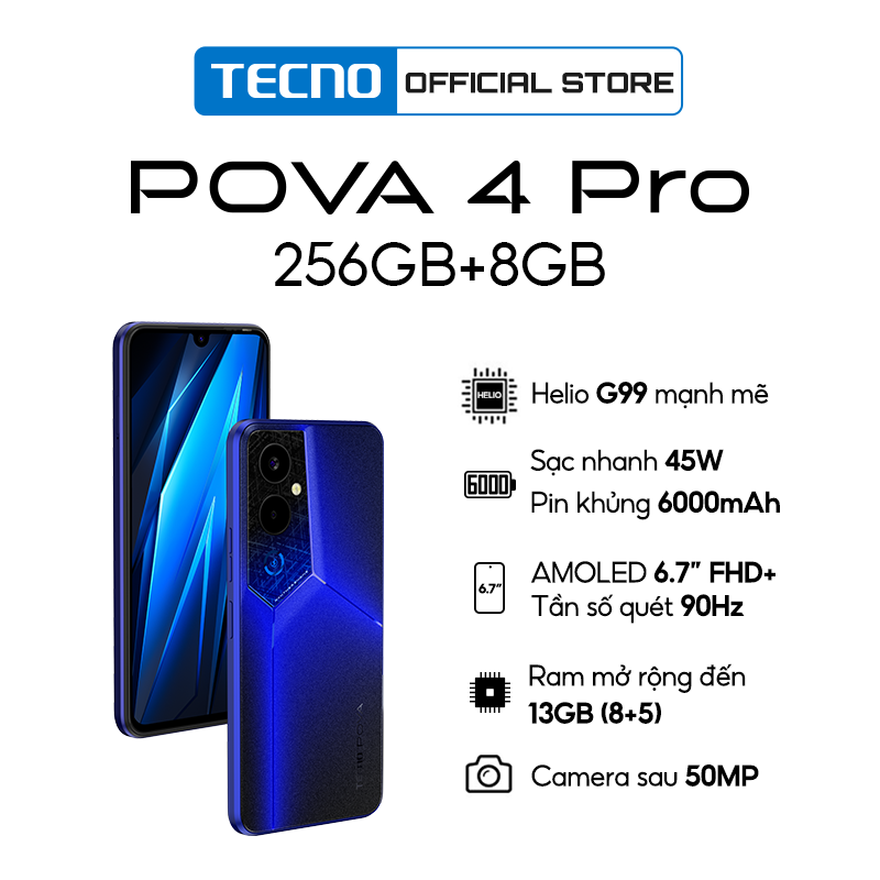 Điện thoại Gaming Tecno POVA 4 PRO 8GB/256GB - MTK G99| 6000 mAh | Sạc nhanh 45W - Hàng Chính Hãng