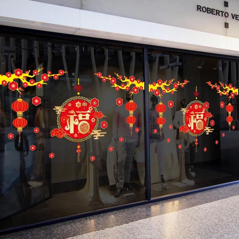 Decal trang trí Têt - Cành mai vàng Vòng bảng lớn đỏ chúc Tết