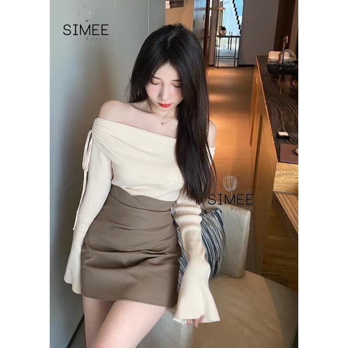 Set Áo Len Tăm Trễ Vai Mix Chân Váy Tuyết Mưa