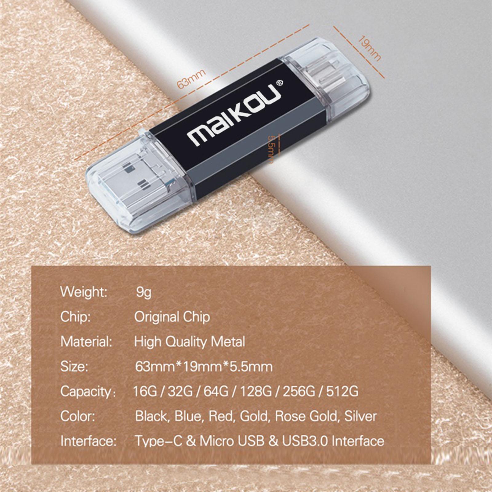 Portable 3 in 1 64GB USB3.0 Flash Drive Type- USB Memory Stick Black
