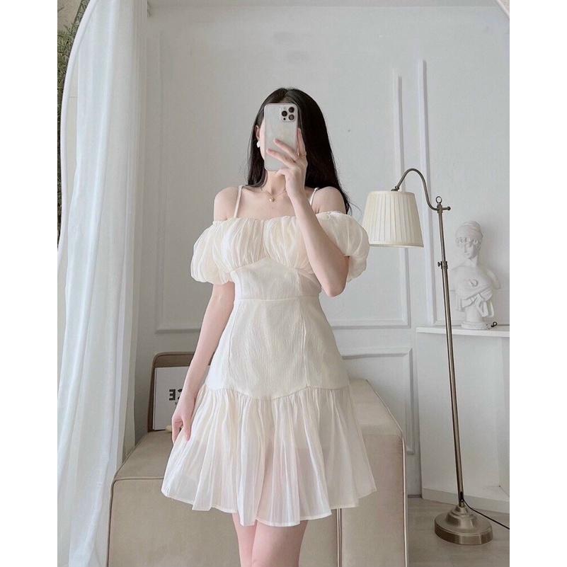 Váy 2 dây trễ vai, Đầm trắng tiểu thư ngắn hai dây Cao Cấp dáng chữ A tay ngắn ôm eo sexy gợi cảm - MiNhi