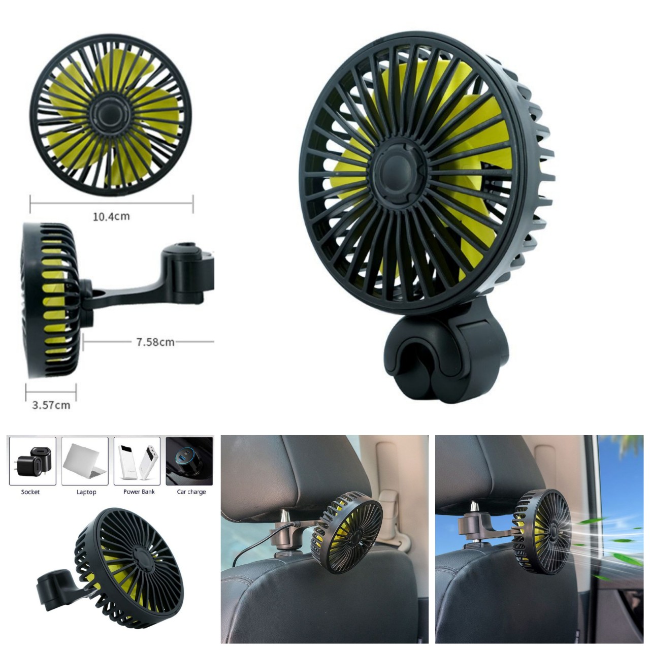Quạt làm mát ghế sau xe hơi với 3 tốc độ gió mạnh mẫu mới loại tốt xoay 360 độ gấp gọn, phụ kiện xe hơi