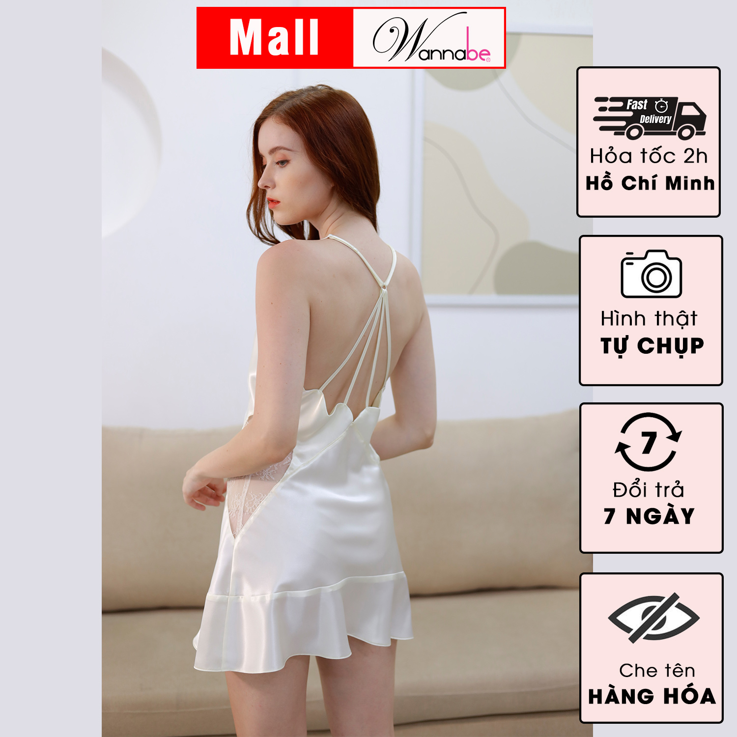 Đầm ngủ phi lụa cao cấp WANNABE DNS37 váy ngủ satin lụa phối ren eo tạo đường cong hoàn mỹ nữ tính xinh xắn