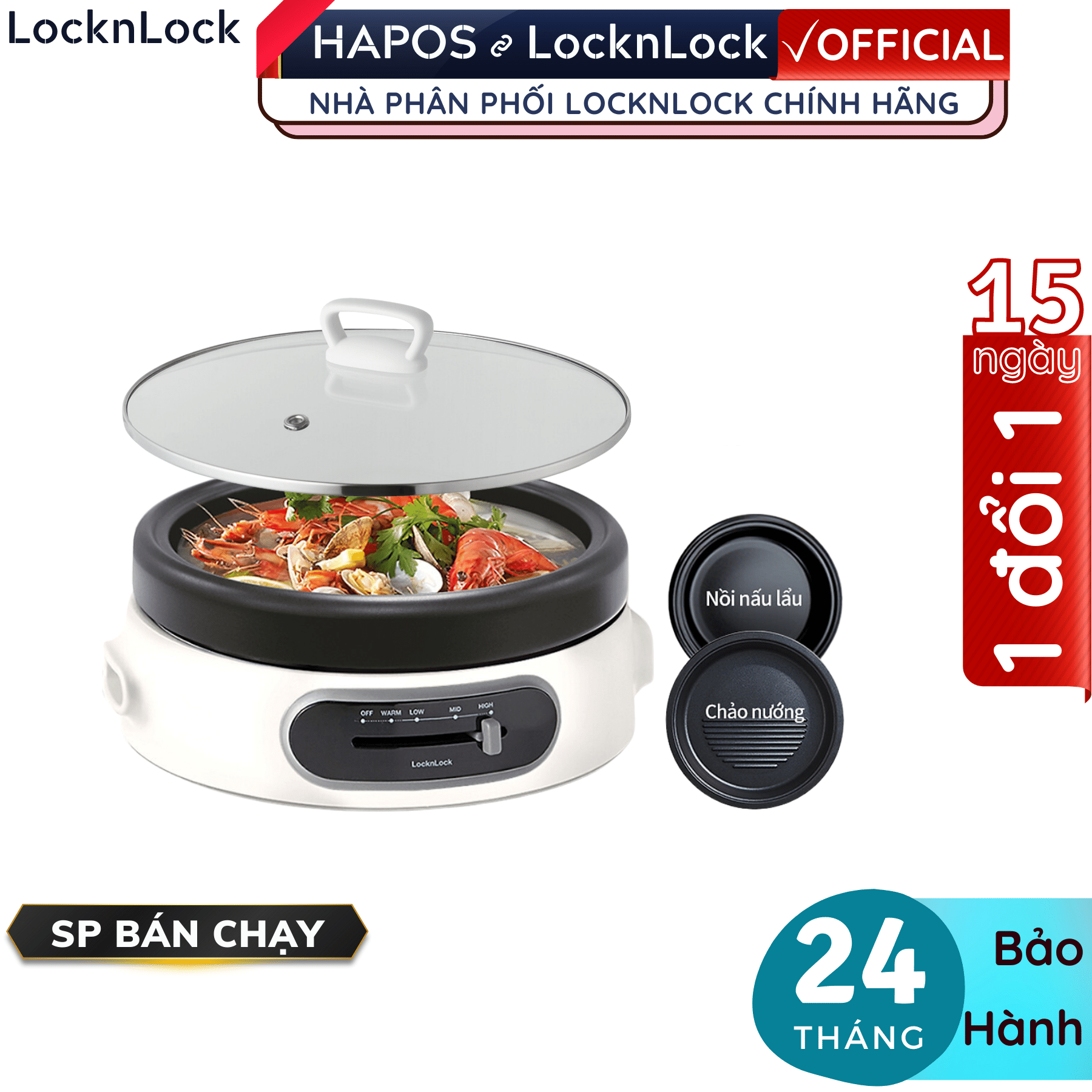 Nồi lẩu điện đa năng Lock&Lock 4L Multi Cooker EJP544WHT - Hàng chính hãng, có thể nấu và nướng, lồng tháo rời - Hapos