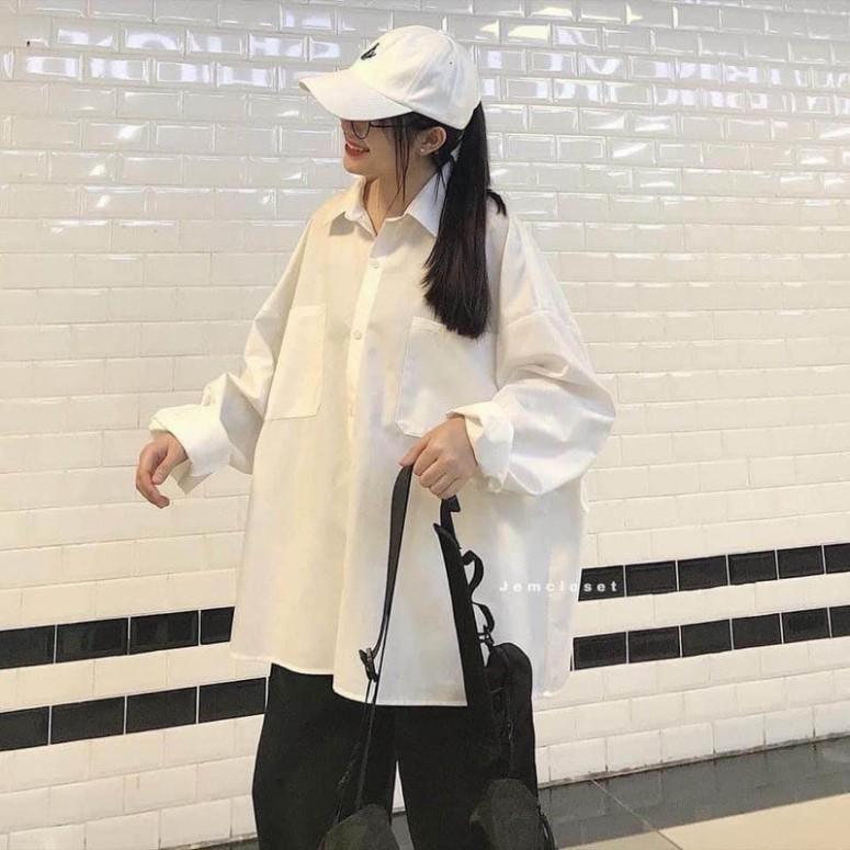 Áo sơ mi trắng 2 túi from thụng chất lụa mềm dễ mặc và dễ phối đồ