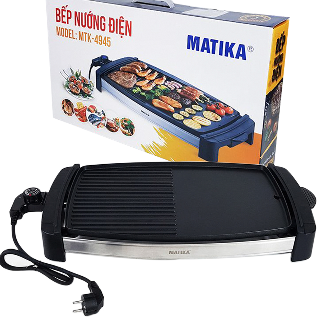 Bếp Nướng Điện,Vỉ Nướng Điện 2000W Matika MTK-4945 Chống Dính Vân Đá Hoa Cương Rơ-Le Tự Ngắt An Toàn-Hàng Chính Hãng