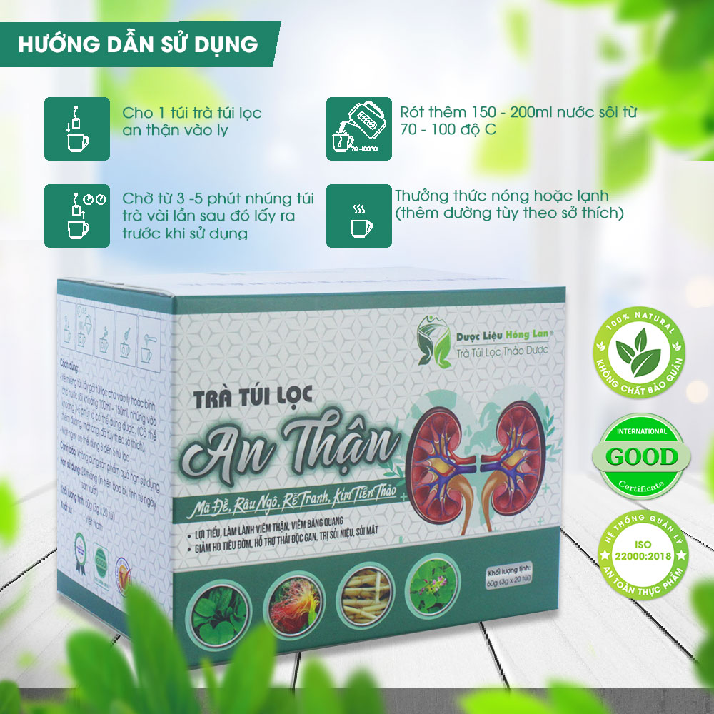 Trà An Thận - Bổ Thận túi lọc hộp 60g Dược Liệu Hồng Lan Lợi tiểu, hỗ trợ thải độc gan, trị sỏi niệu, sỏi mật,...