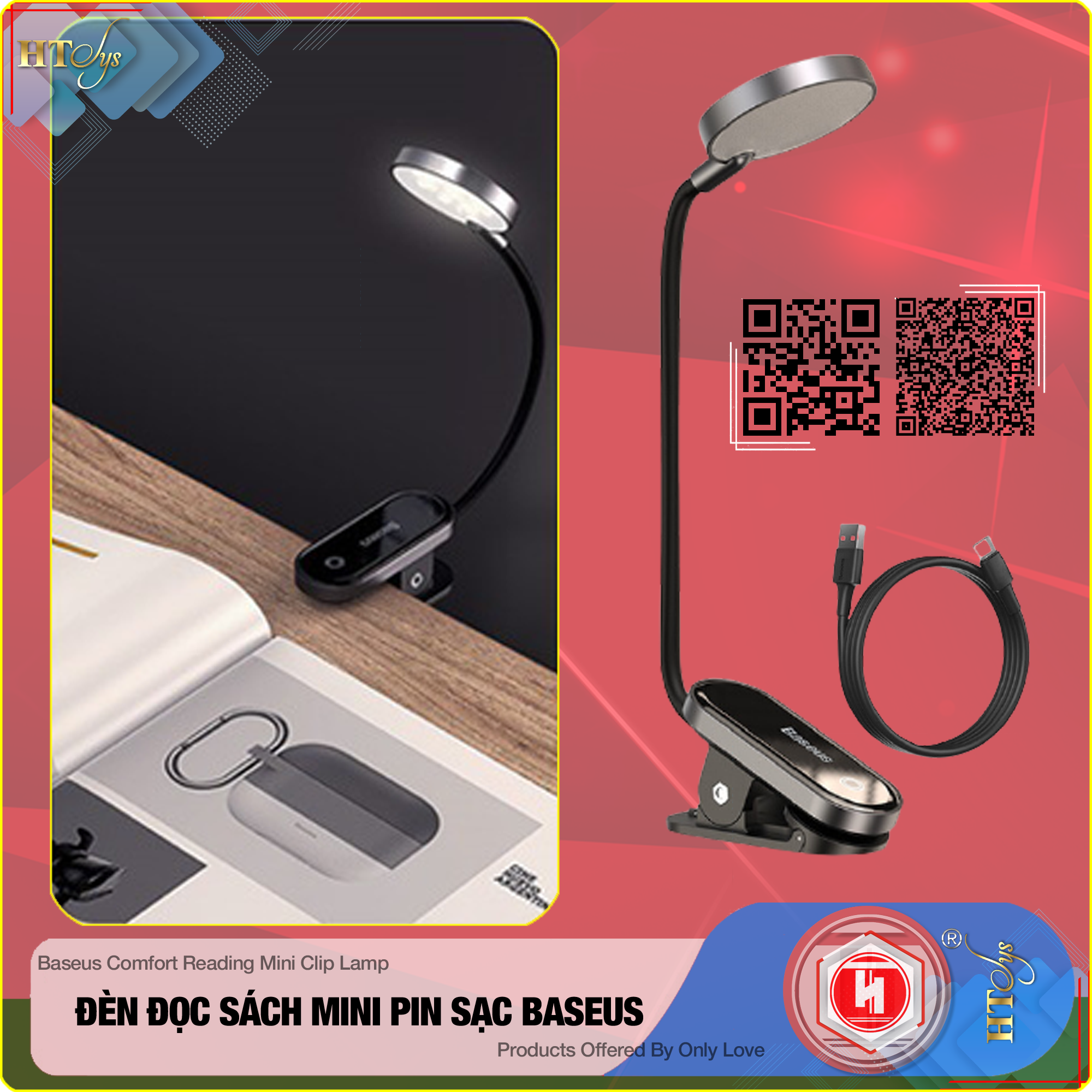 Đèn đọc sách mini Baseus Comfort Reading Mini Clip Lamp - Pin sạc 350mAh  - Chân đế kẹp - 03 Cường độ sáng - 24H sử dụng - Hàng Nhập Khẩu