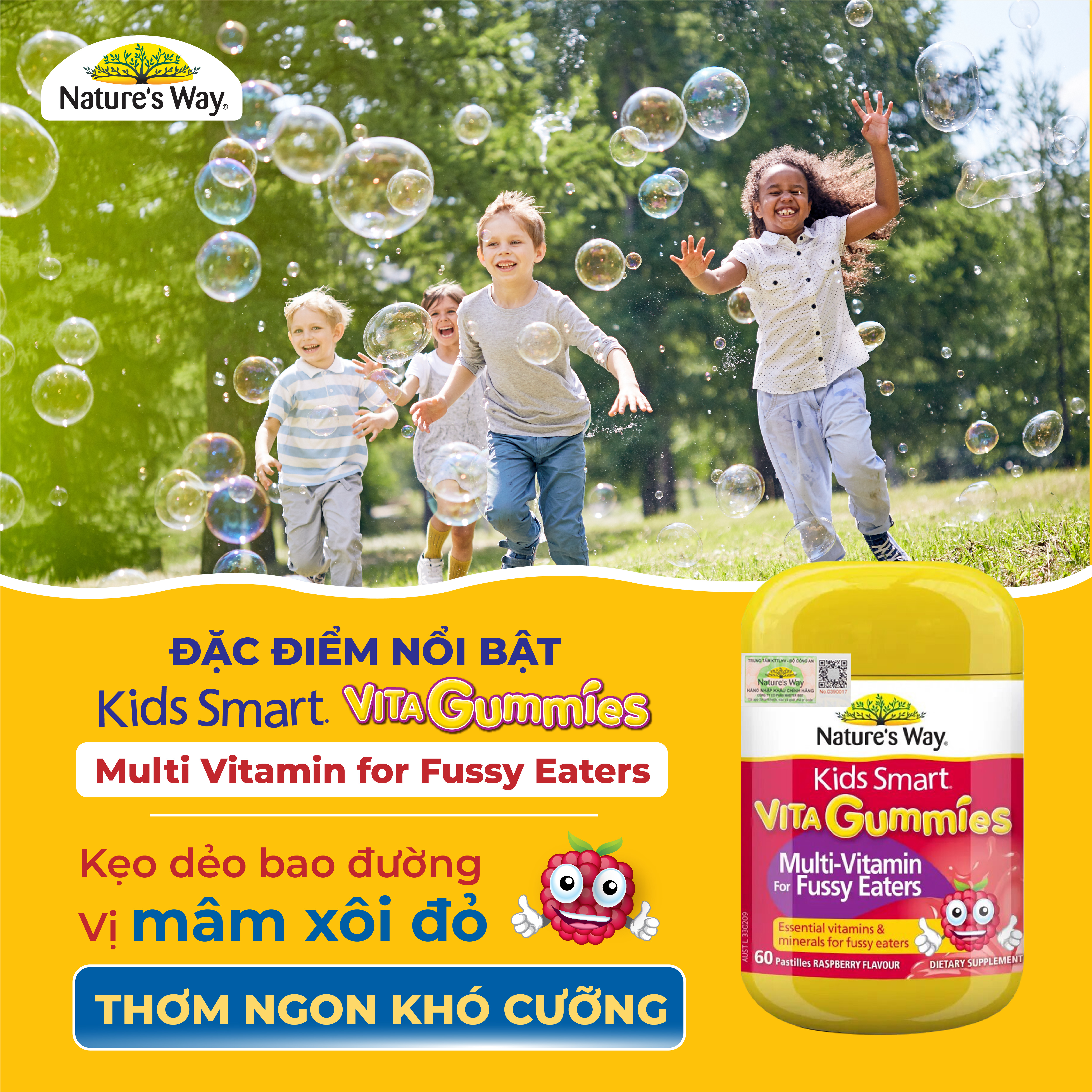 Kẹo Dẻo Vi Chất Cho Bé Nature's Way Kids Smart Vita Gummies Multi Vitamin for Fussy Eaters Kích Thích Ăn Ngon 60 Viên