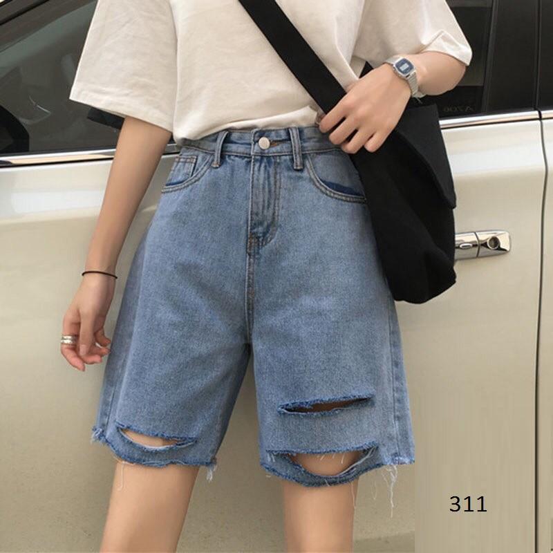 QUẦN SHORT LỬNG JEAN – BÒ NGÓ ĐÙI KIỂU NỮ LƯNG CAO XANH TRƠN BASIC RÁCH BỤI 42