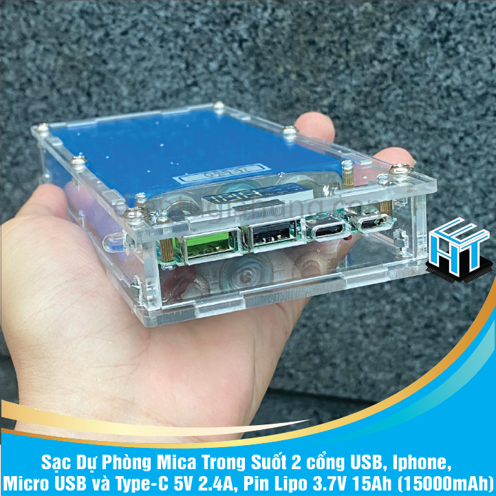 Sạc Dự Phòng Mica Trong Suốt 2 cổng USB, Ip, Micro USB và Type-C 5V 2.4A, Pin Lipo 3.7V 15Ah