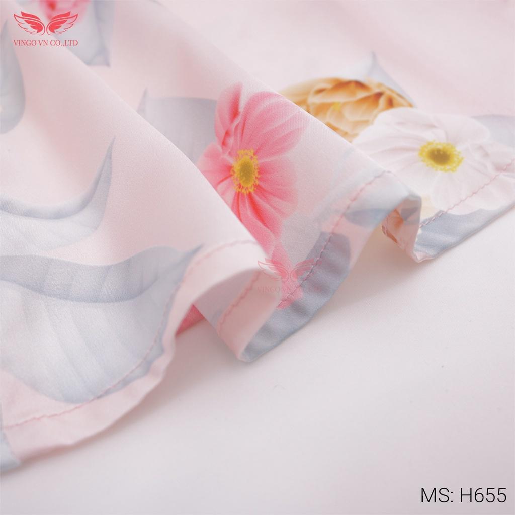 Đồ Bộ Nữ Pijama Mặc Nhà VINGO Lụa Pháp Cao Cấp Tay Cộc Quần Cộc Hoạ Tiết Hoa Viền Hồng Dễ Thương Mùa Hè H655 VNGO