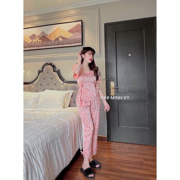 Bộ Pijama Tay Rơi Cổ Vuông Lụa Cao Cấp Họa Tiết Đẹp Mềm Mượt_Minh Vy