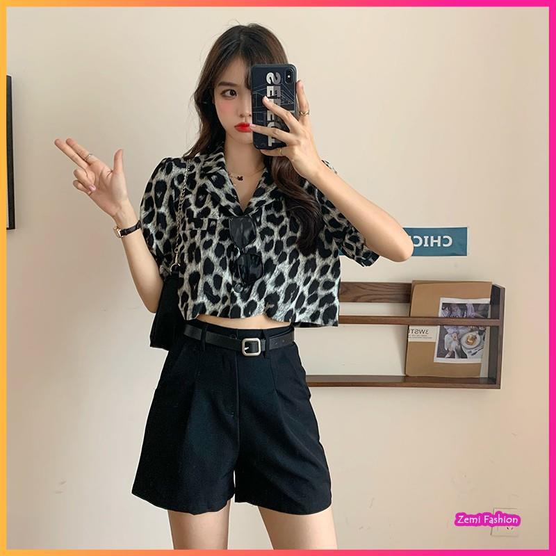 Áo Sơ Mi Croptop, Áo Croptop Nữ Họa Tiết Da Báo Cổ Vest Ulzzang