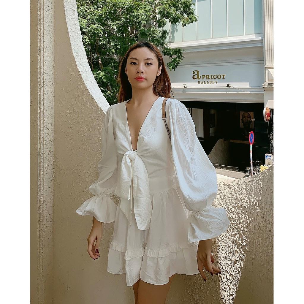 Đầm đũi gân trắng thắt nơ ngực