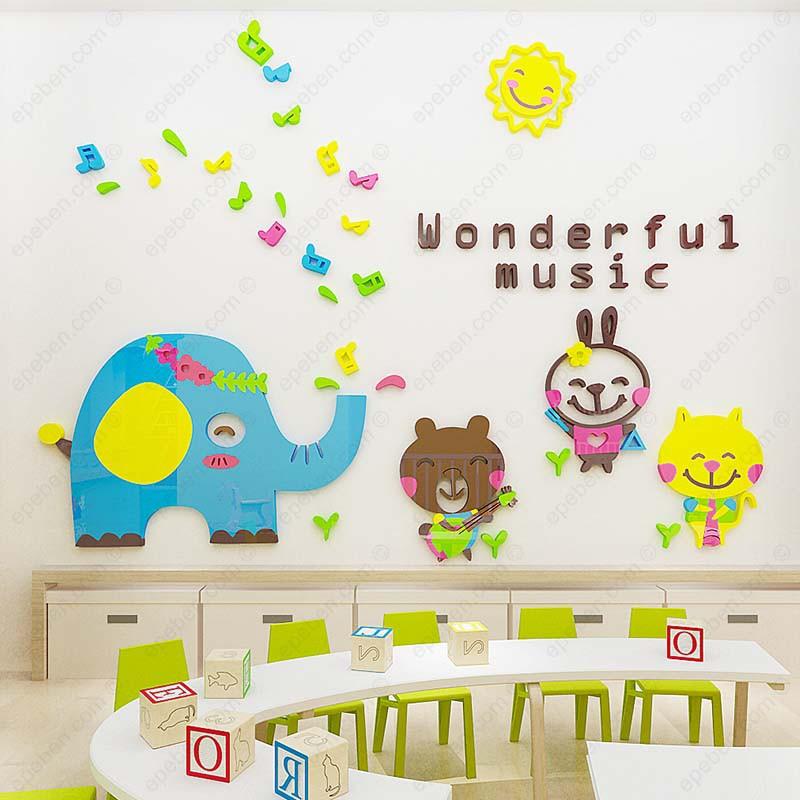 Tranh dán tường mica 3d decor khổ lớn thế giới âm nhạc cho bé trang trí mầm non, mẫu giáo, phòng cho bé